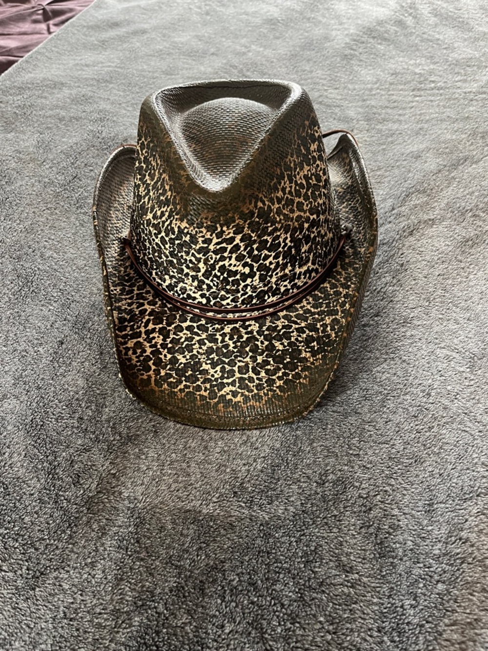 Leopard Print Straw Cowboy Hat - Brown & Tan